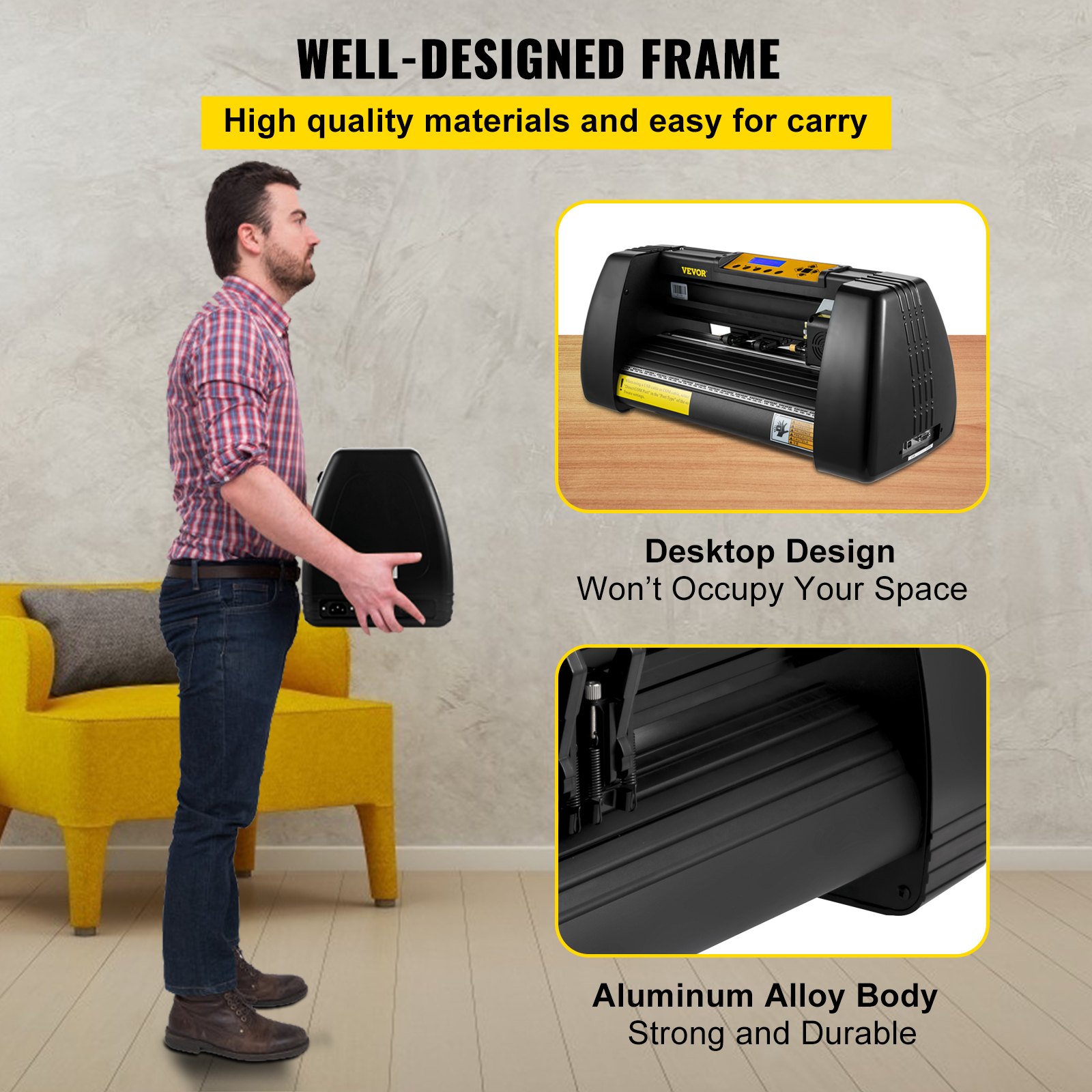 Hombre que lleva un cortador de vinilo VEVOR compacto con diseño de escritorio y cuerpo de aleación de aluminio duradero.