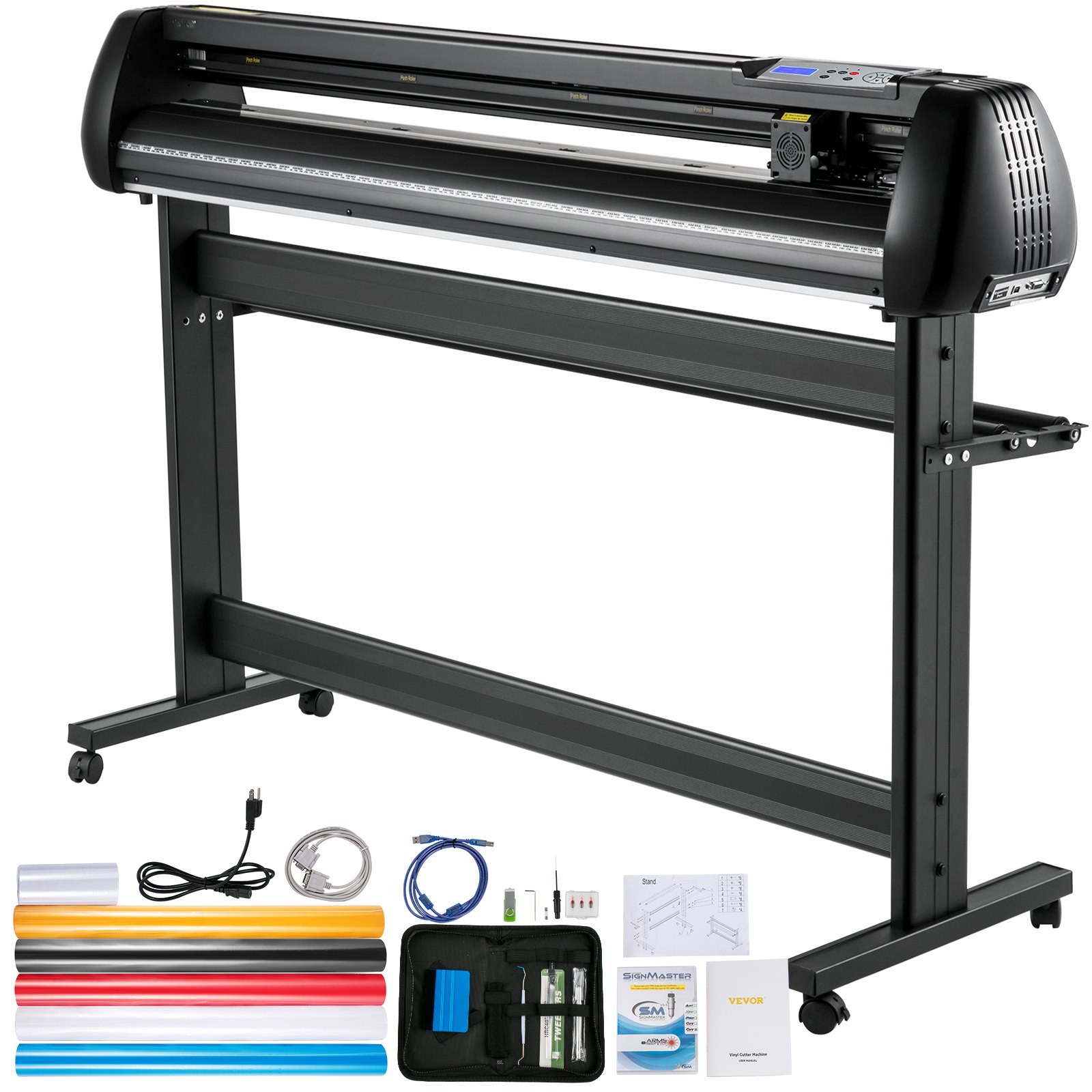 Plotter de corte de vinilo VEVOR con soporte y accesorios, incluidos cables, herramientas y rollos de color.