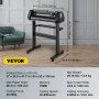 Máquina cortadora de vinilo VEVOR con soporte, dimensiones, especificaciones y ancho máximo de corte de 24,8 pulgadas / 630 mm.