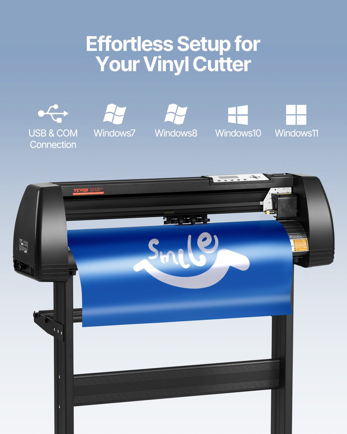 Máquina cortadora de vinilo VEVOR que presenta pantalla LCD, rodillos de presión ajustables y ancho de corte máximo.