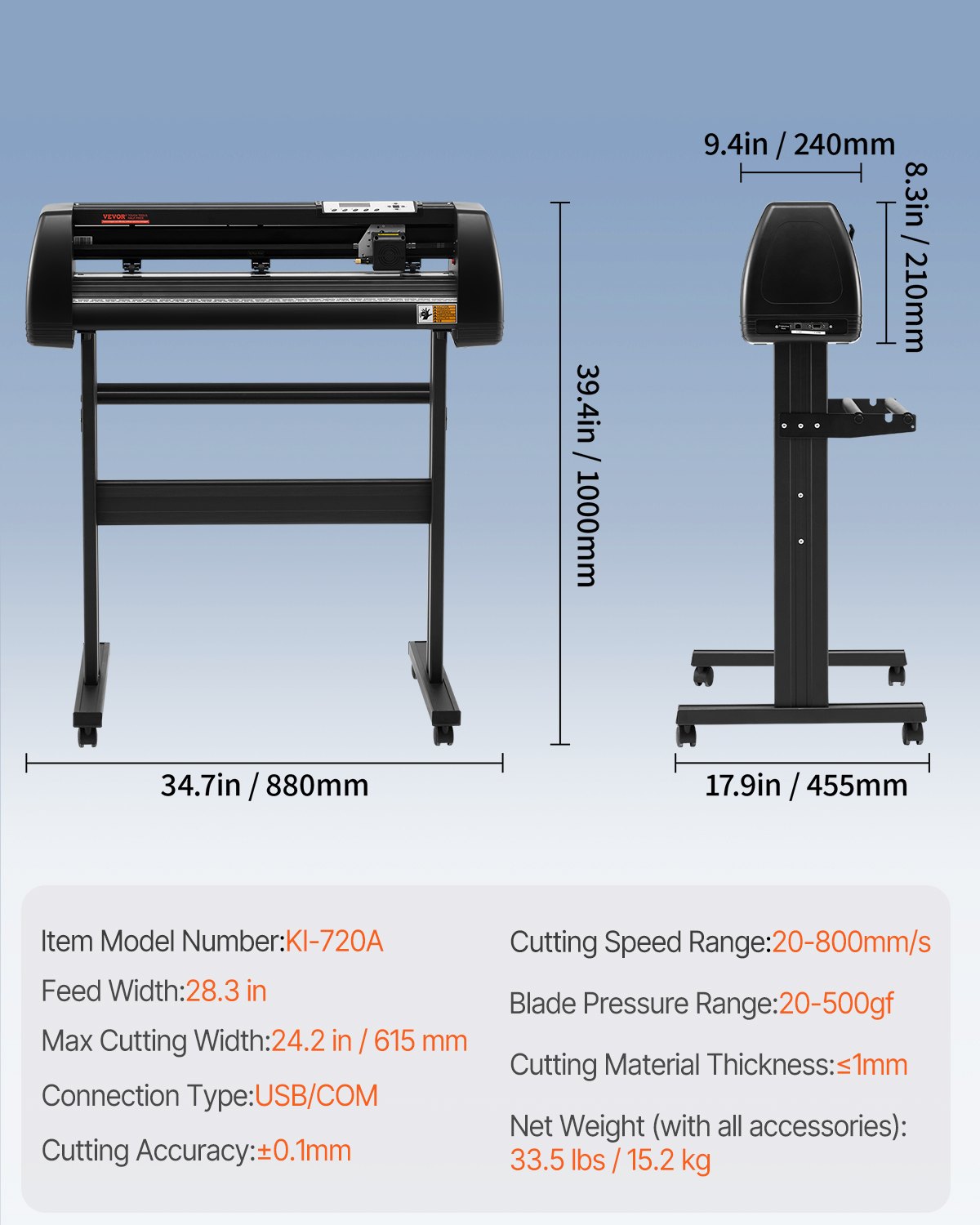 Máquina cortadora de vinilo VEVOR con soporte, 96x33x42 cm, 9,7 kg, color negro.
