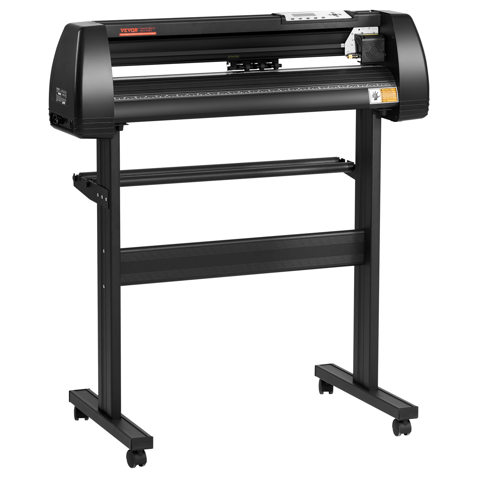 Máquina cortadora de vinilo VEVOR sobre un resistente soporte negro con múltiples portaherramientas.