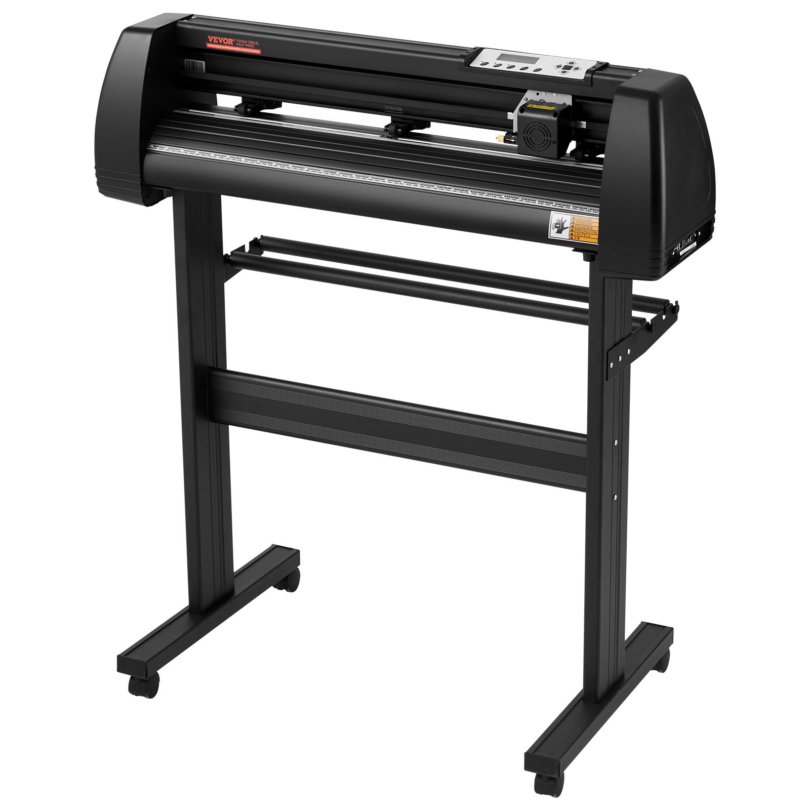 Máquina cortadora de vinilo VEVOR sobre un resistente soporte negro con ruedas.