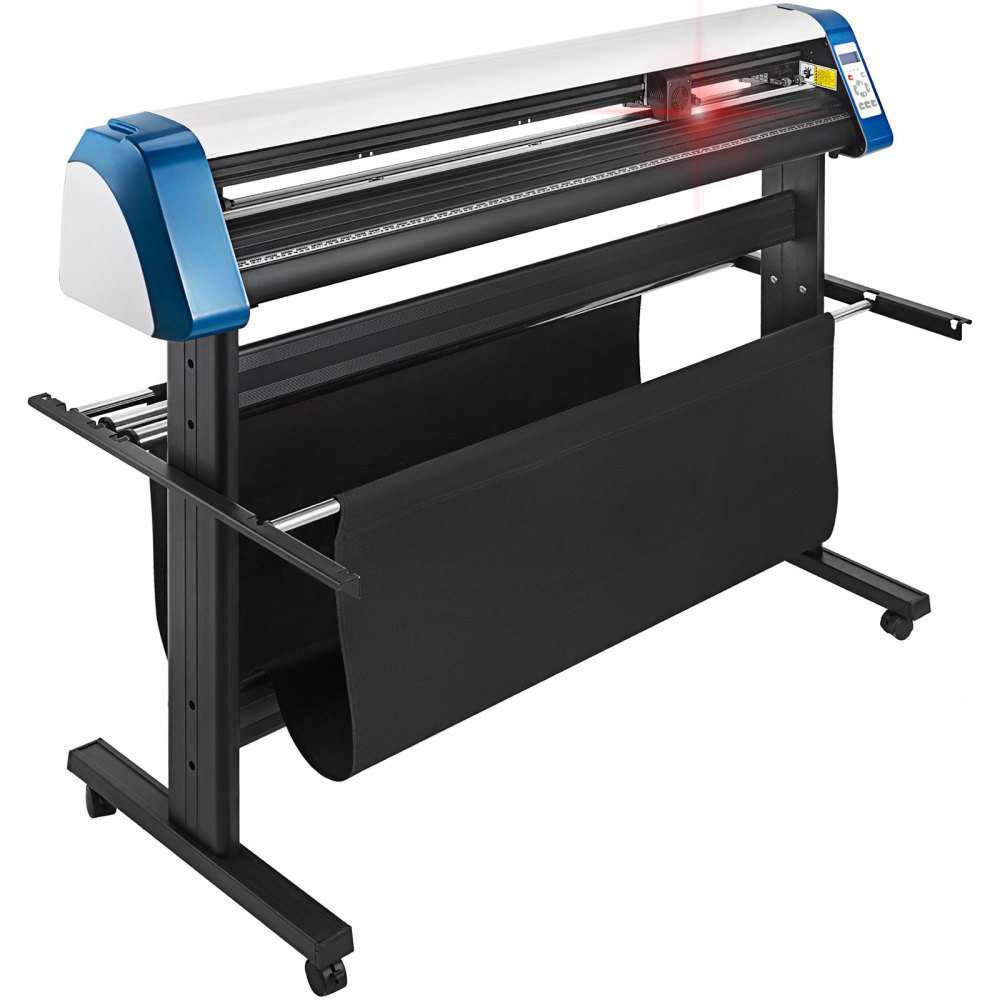 Cortadora de vinilo VEVOR con soporte y cesta colgante de color negro, con parte superior azul y blanca.