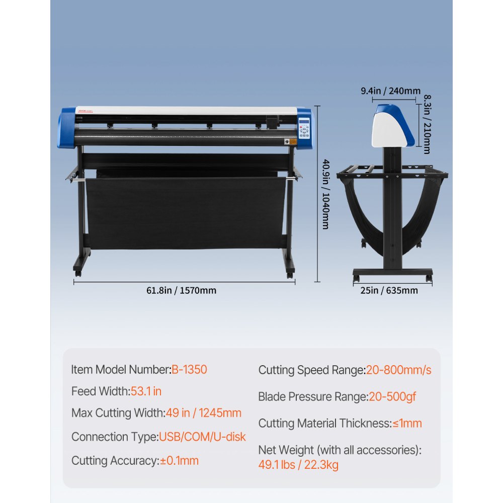Cortadora de vinilo VEVOR de 53 pulgadas, máquina cortadora de vinilo semiautomática para bricolaje, máquina cortadora de vinilo, posicionamiento manual, corte de letreros con soporte de suelo, software Signmaster