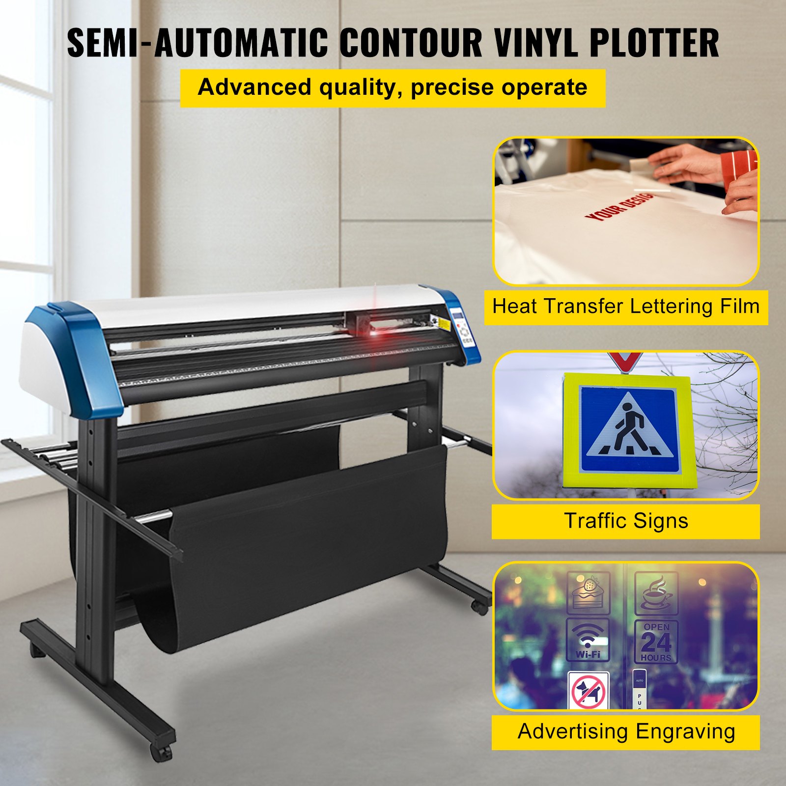 Cortadora de vinilo VEVOR mostrada junto a ejemplos de sus aplicaciones en transferencia de calor, señalización y grabado.