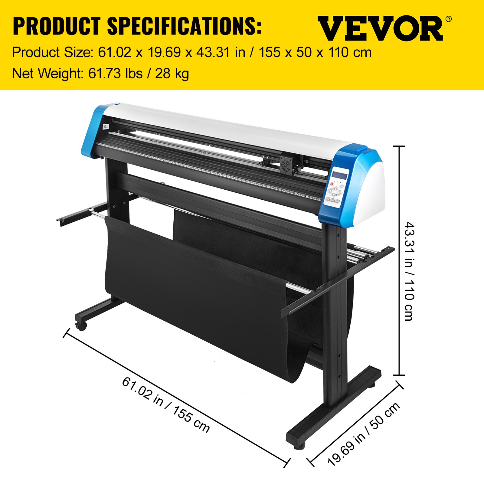 Cortadora de vinilo VEVOR, 61,02 x 19,69 x 43,31 pulgadas, peso 61,73 libras.