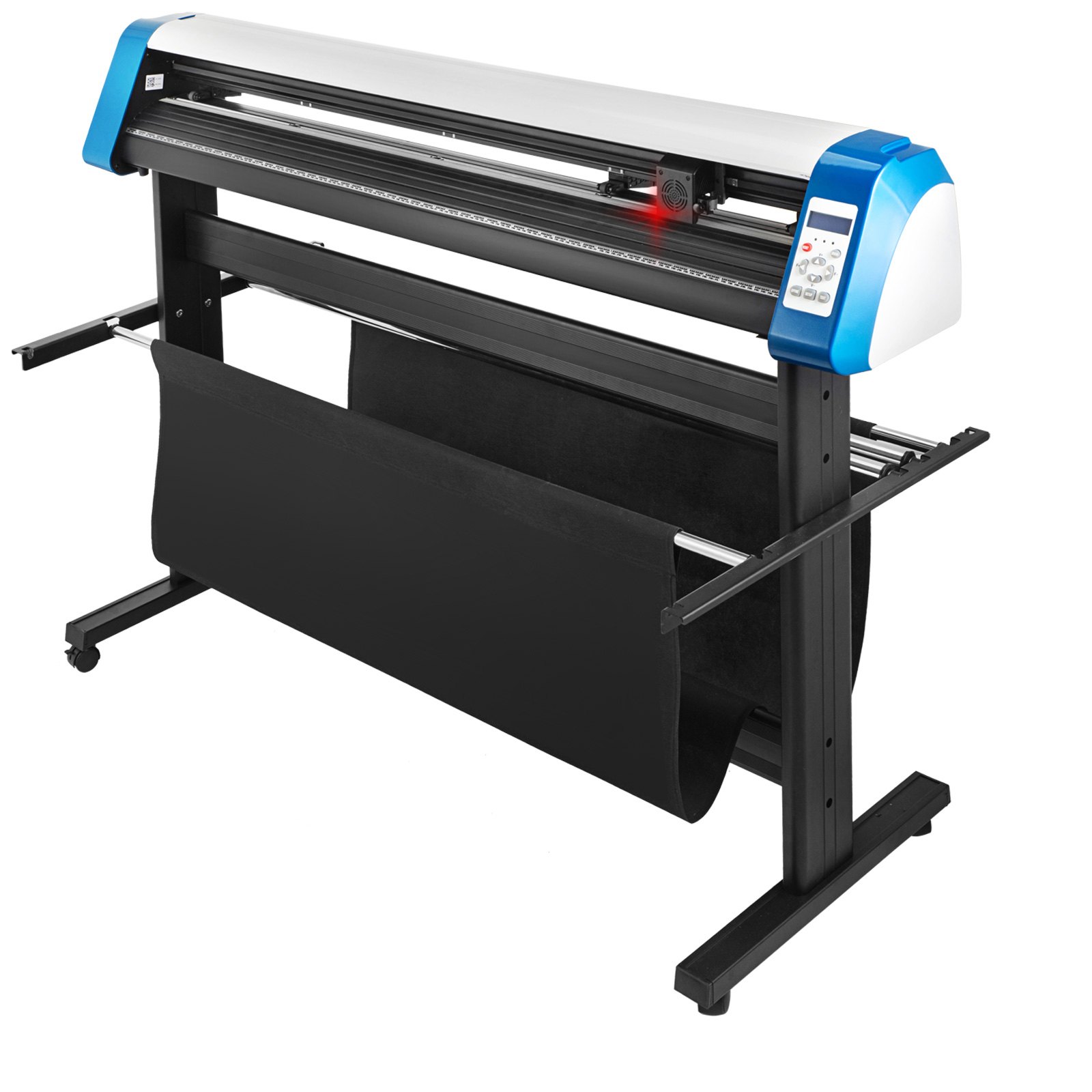 Cortadora de vinilo VEVOR con detalles en azul y blanco, soporte negro y controles integrados.