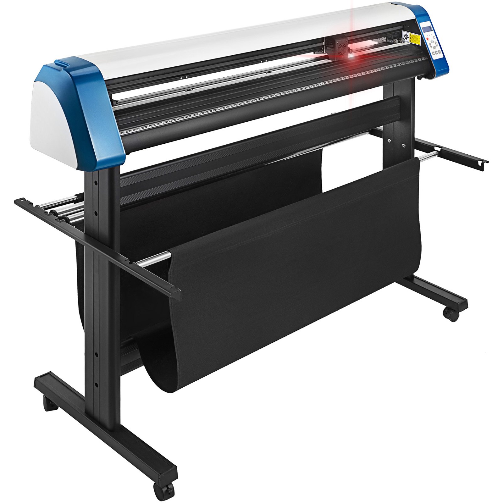 Cortadora de vinilo VEVOR con soporte y cesta colgante de color negro, con parte superior azul y blanca.