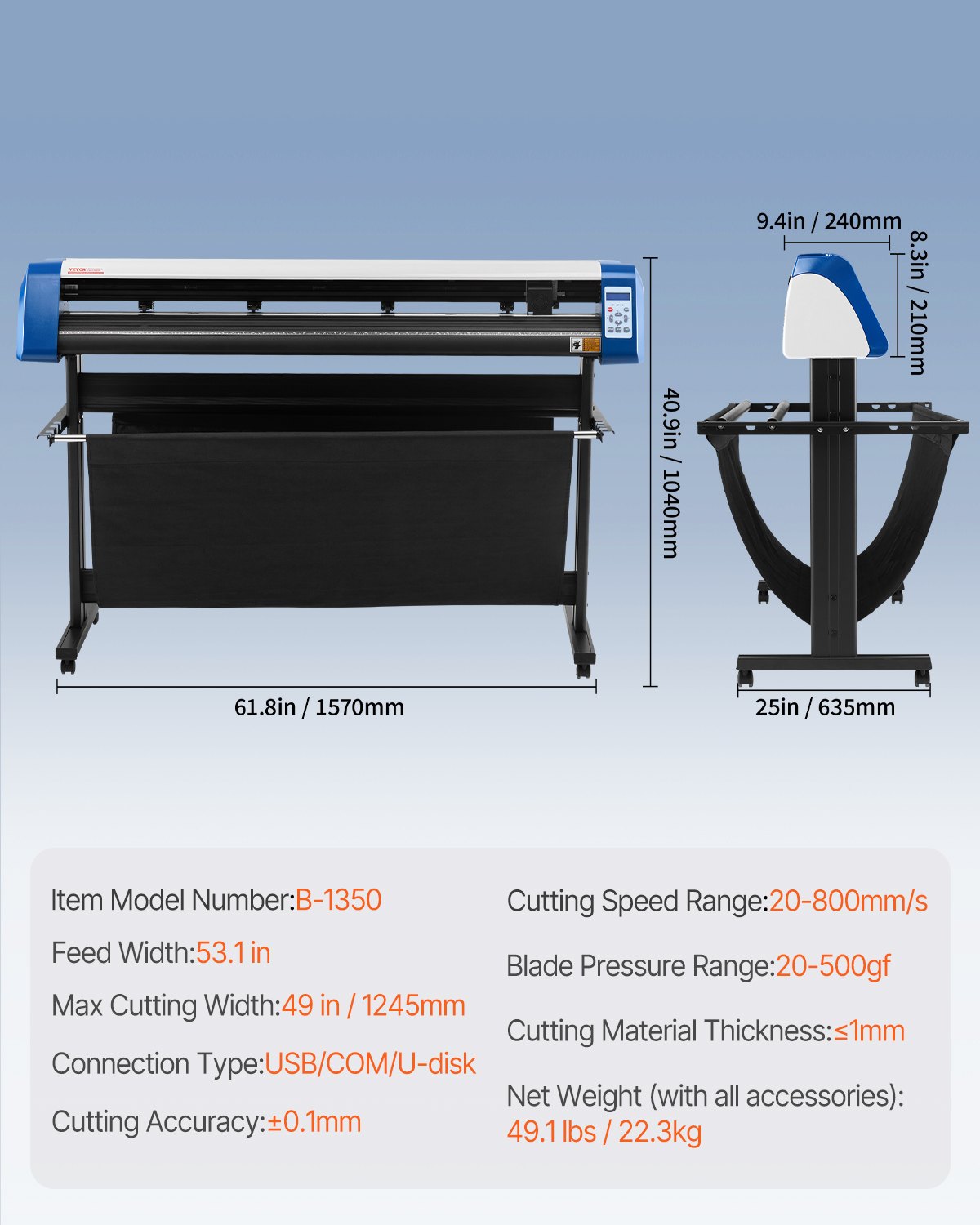Cortadora de vinilo VEVOR de 53 pulgadas, máquina cortadora de vinilo semiautomática para bricolaje, máquina cortadora de vinilo, posicionamiento manual, corte de letreros con soporte de suelo, software Signmaster
