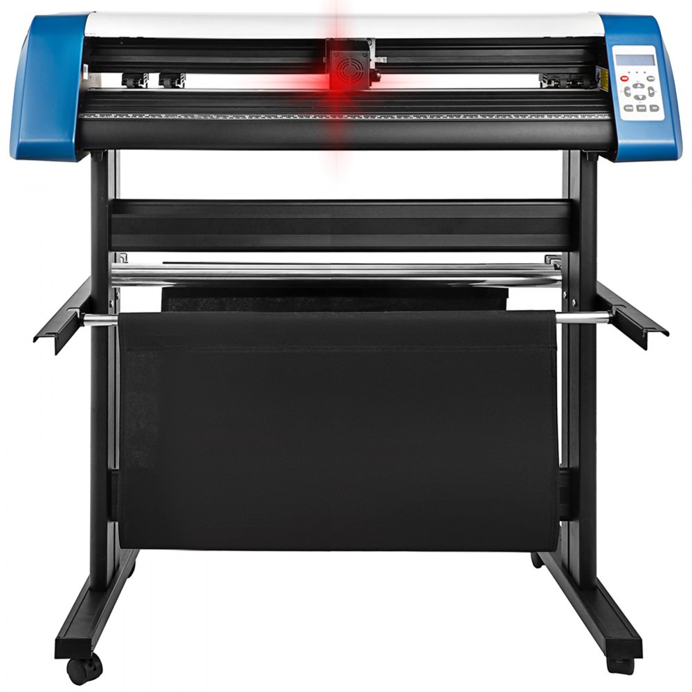 Cortadora de vinilo VEVOR con cuerpo azul y negro, soporte ajustable y panel de control