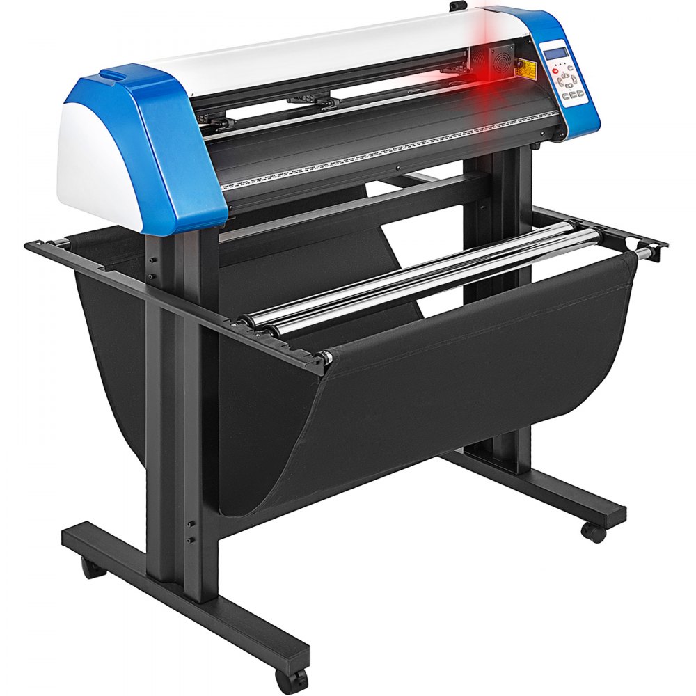 Cortadora de vinilo VEVOR con detalles azules e indicador LED sobre soporte negro.