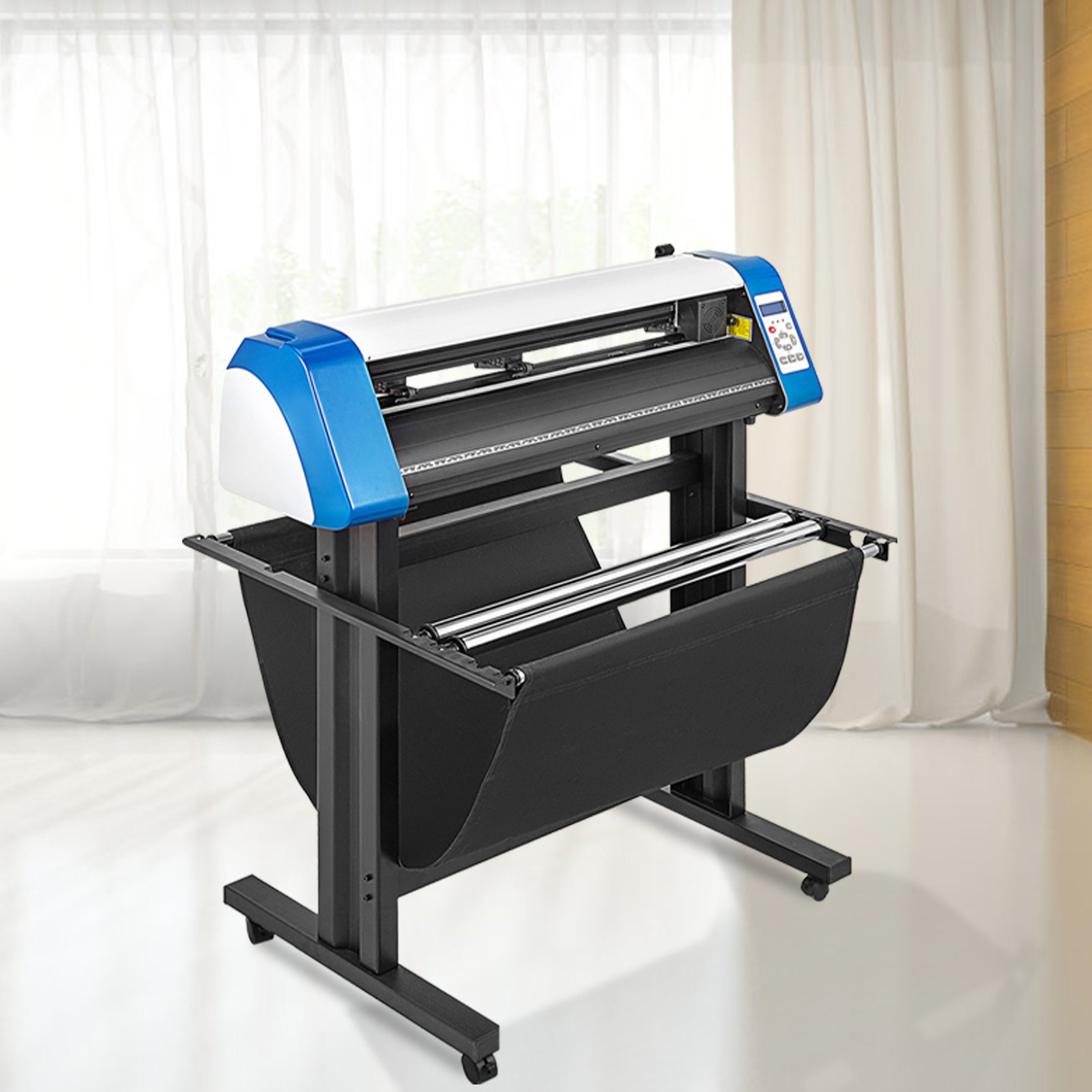 Cortadora de vinilo VEVOR sobre soporte negro con detalles en azul y blanco, en una habitación luminosa