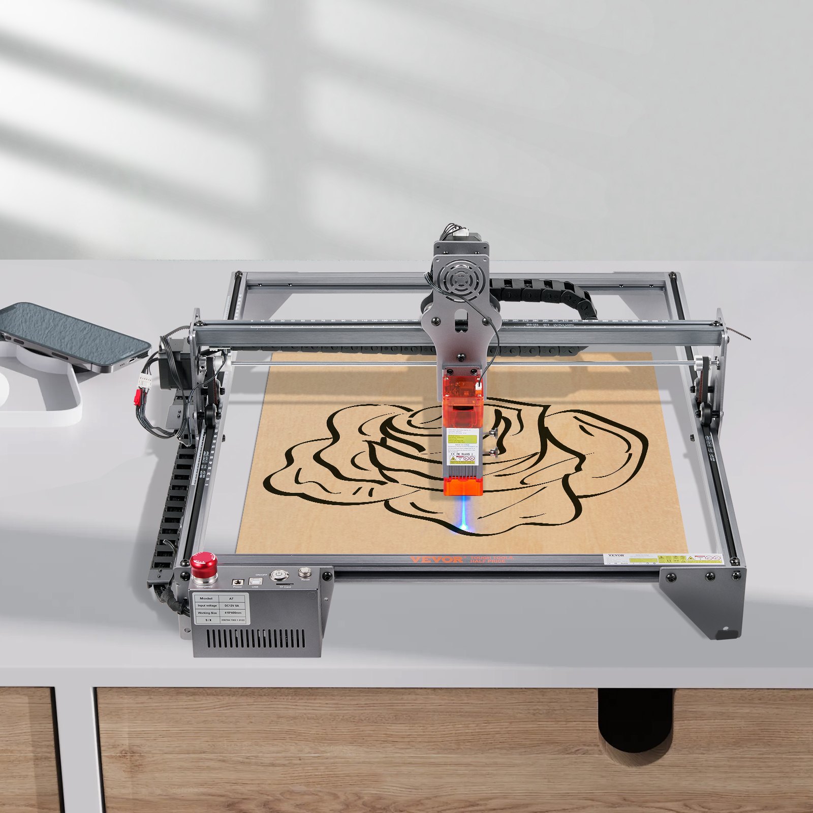 Grabador láser VEVOR, máquina de grabado láser de salida de 5 W, área de trabajo grande de 16,1" x 15,7", velocidad de movimiento de 10000 mm/min, punto comprimido con protección para los ojos, cortador láser para madera, metal, acrílico
