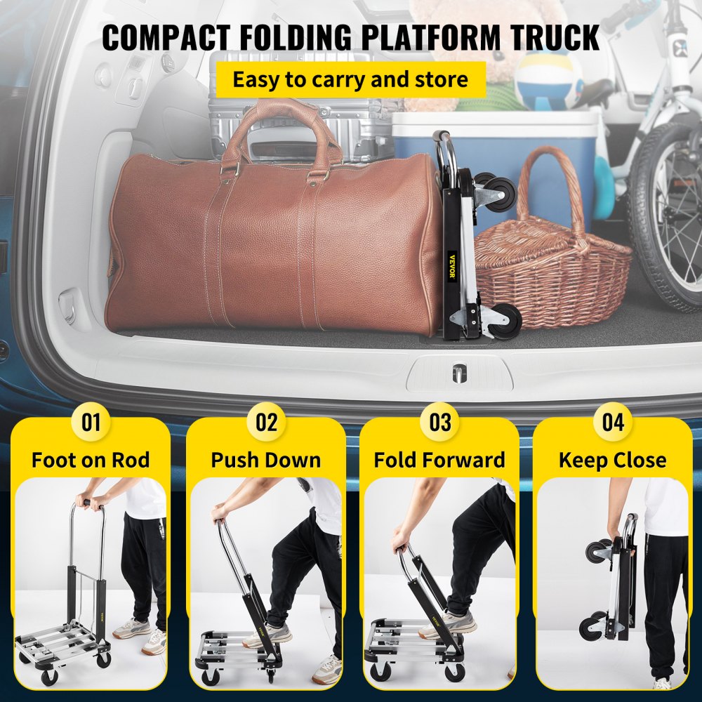 Camión de plataforma plegable VEVOR que se guarda fácilmente en el maletero de un automóvil con instrucciones de plegado detalladas y accesorios.