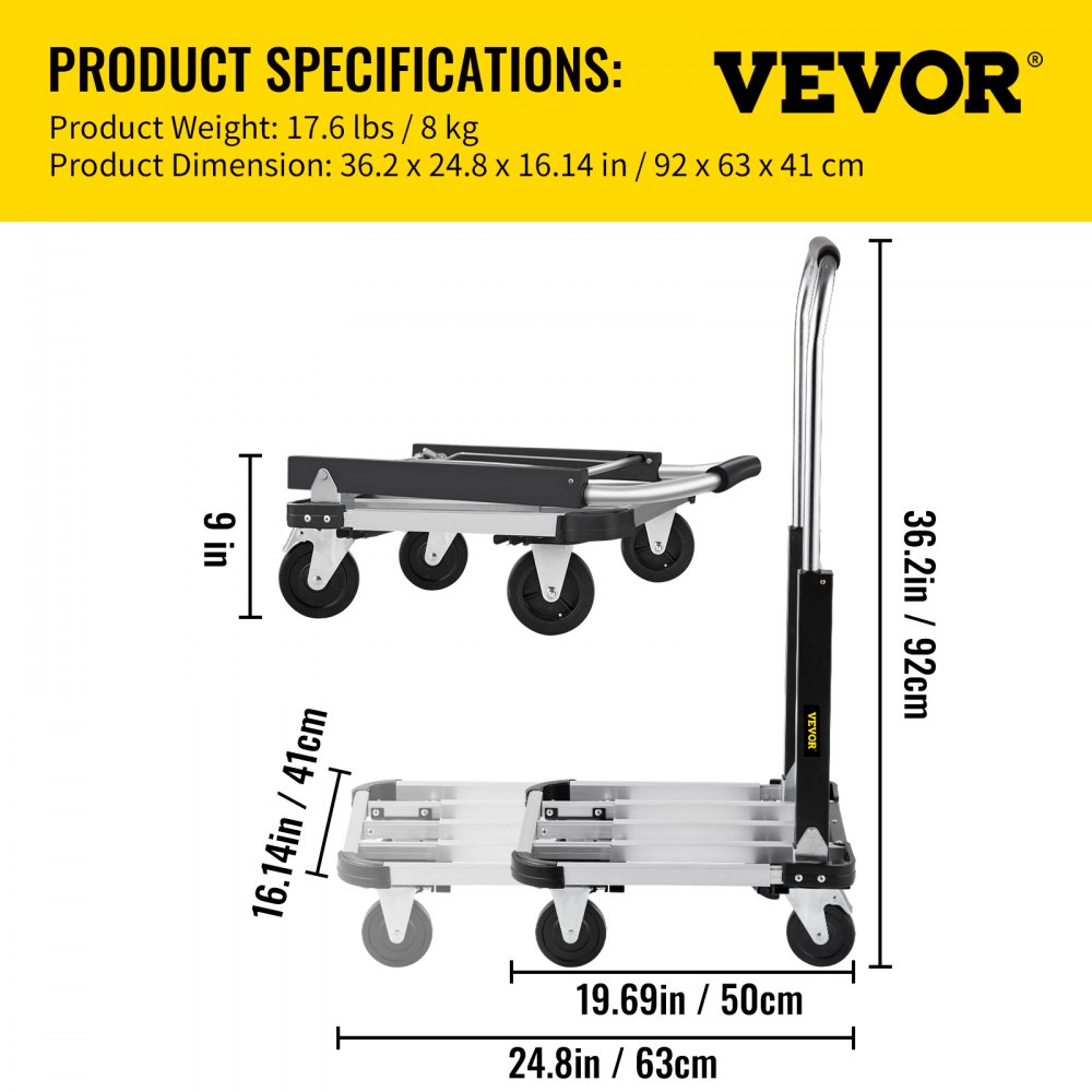 Camión plataforma plegable VEVOR con dimensiones y peso mostrados, resaltando su portabilidad y diseño.