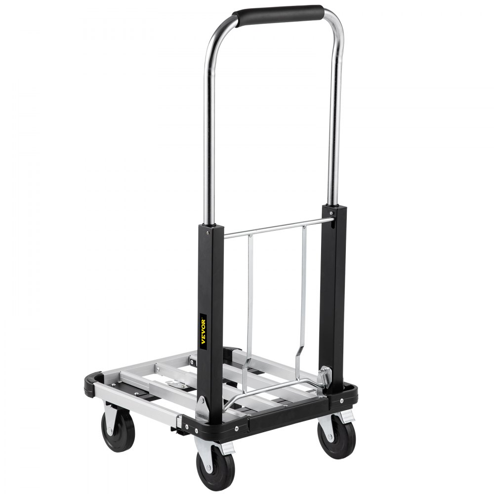 Camión de plataforma plegable VEVOR con asa resistente, plataforma negra y ruedas giratorias para una fácil movilidad.