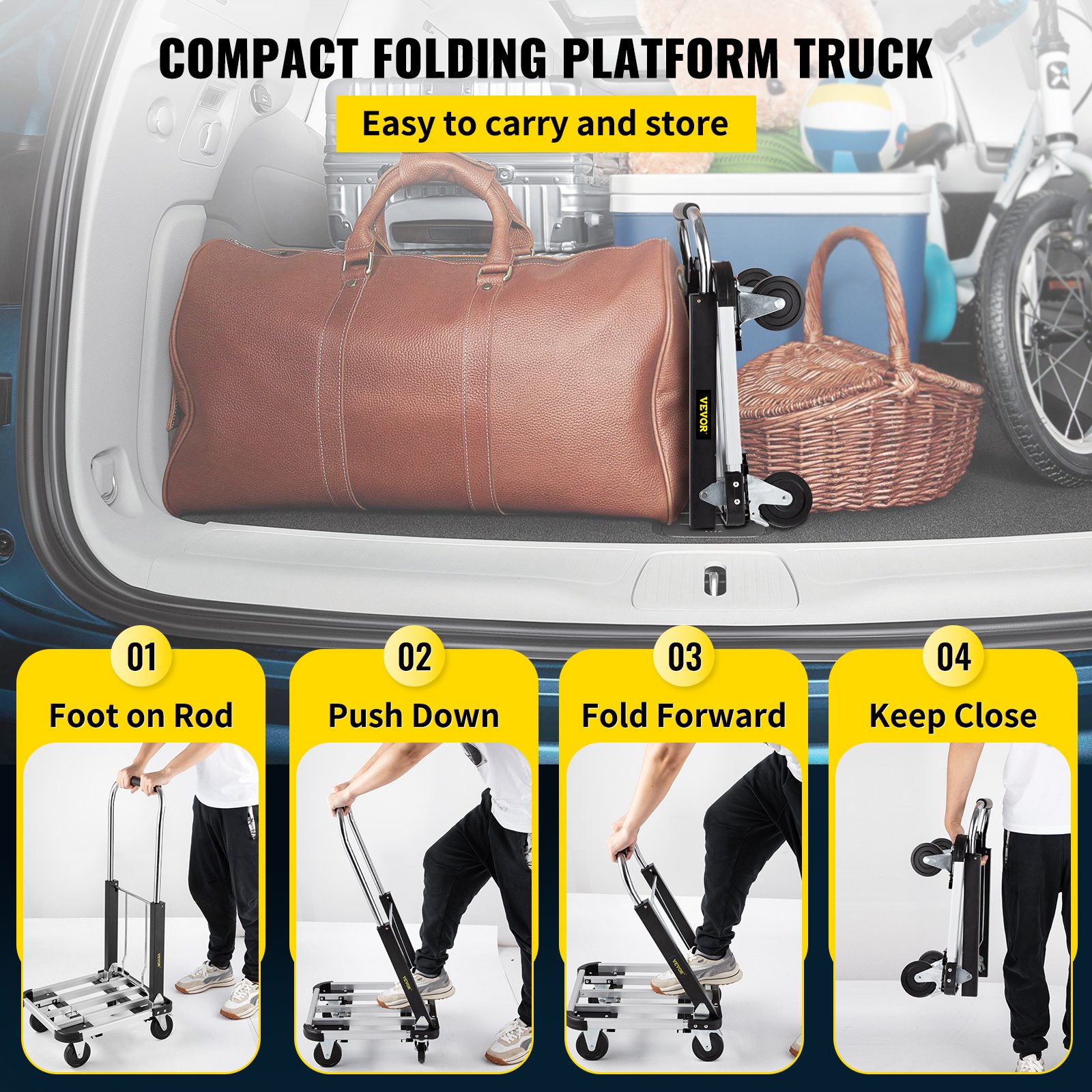 Camión de plataforma plegable VEVOR que se guarda fácilmente en el maletero de un automóvil con instrucciones de plegado detalladas y accesorios.