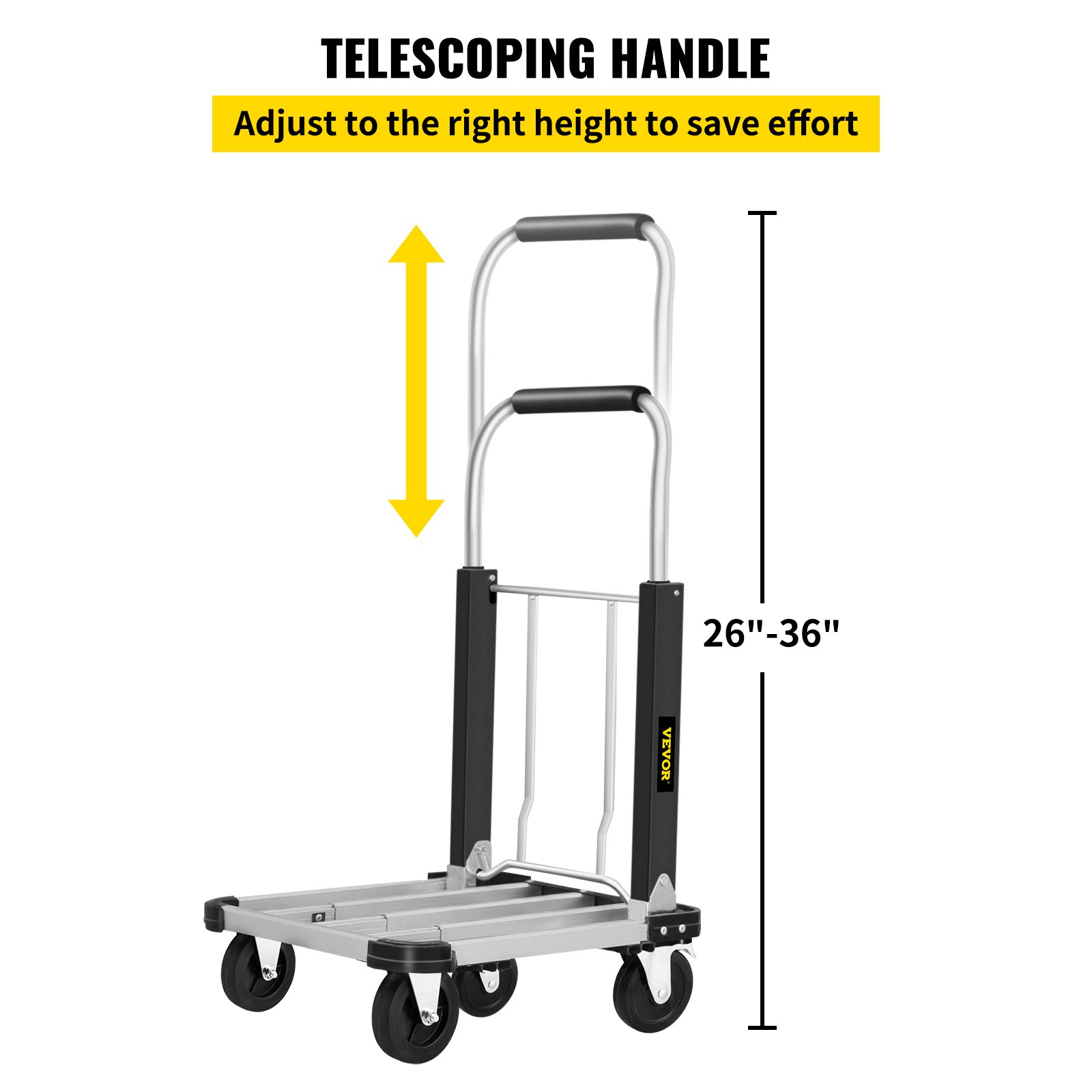 Camión de plataforma plegable VEVOR con mango telescópico ajustable, rango de altura de 26 &quot;a 36&quot;.