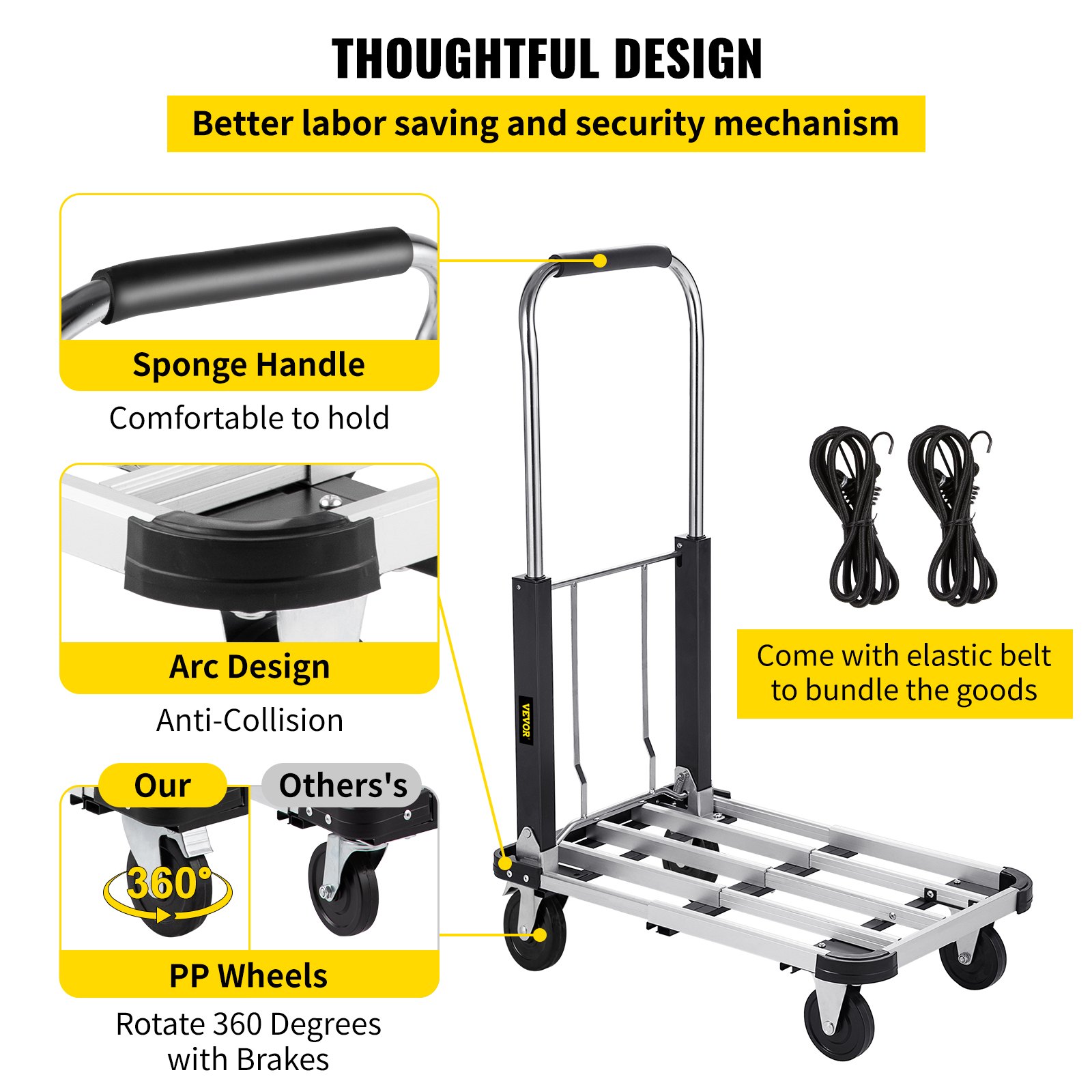 Camión de plataforma plegable VEVOR con mango de esponja, ruedas de polipropileno de 360 grados, cinturones elásticos y diseño de arco anticolisión.