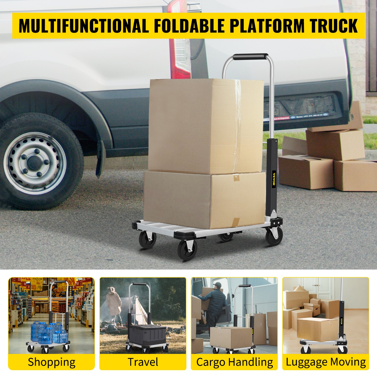 Camión de plataforma plegable VEVOR con cajas, versátil para compras, viajes, manipulación de carga y movimiento de equipaje.