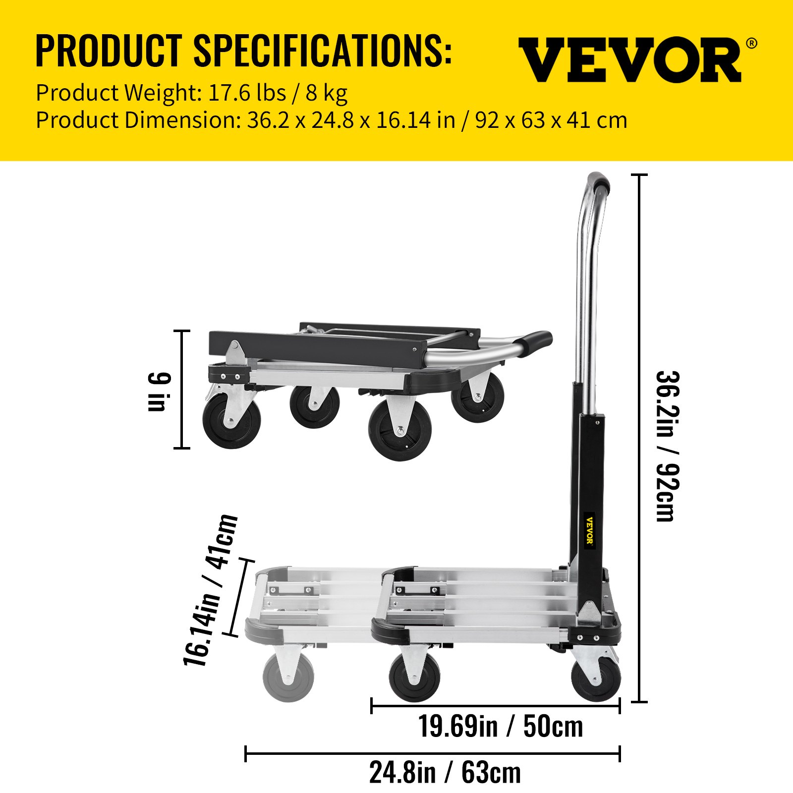 Camión plataforma plegable VEVOR con dimensiones y peso mostrados, resaltando su portabilidad y diseño.