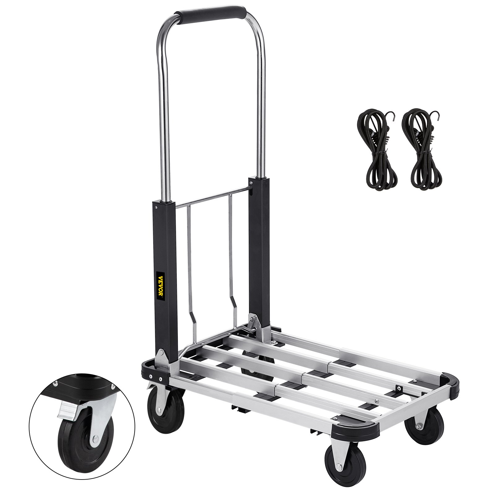 Camión de plataforma plegable VEVOR con manillar de metal, ruedas de goma y dos cuerdas elásticas incluidas.