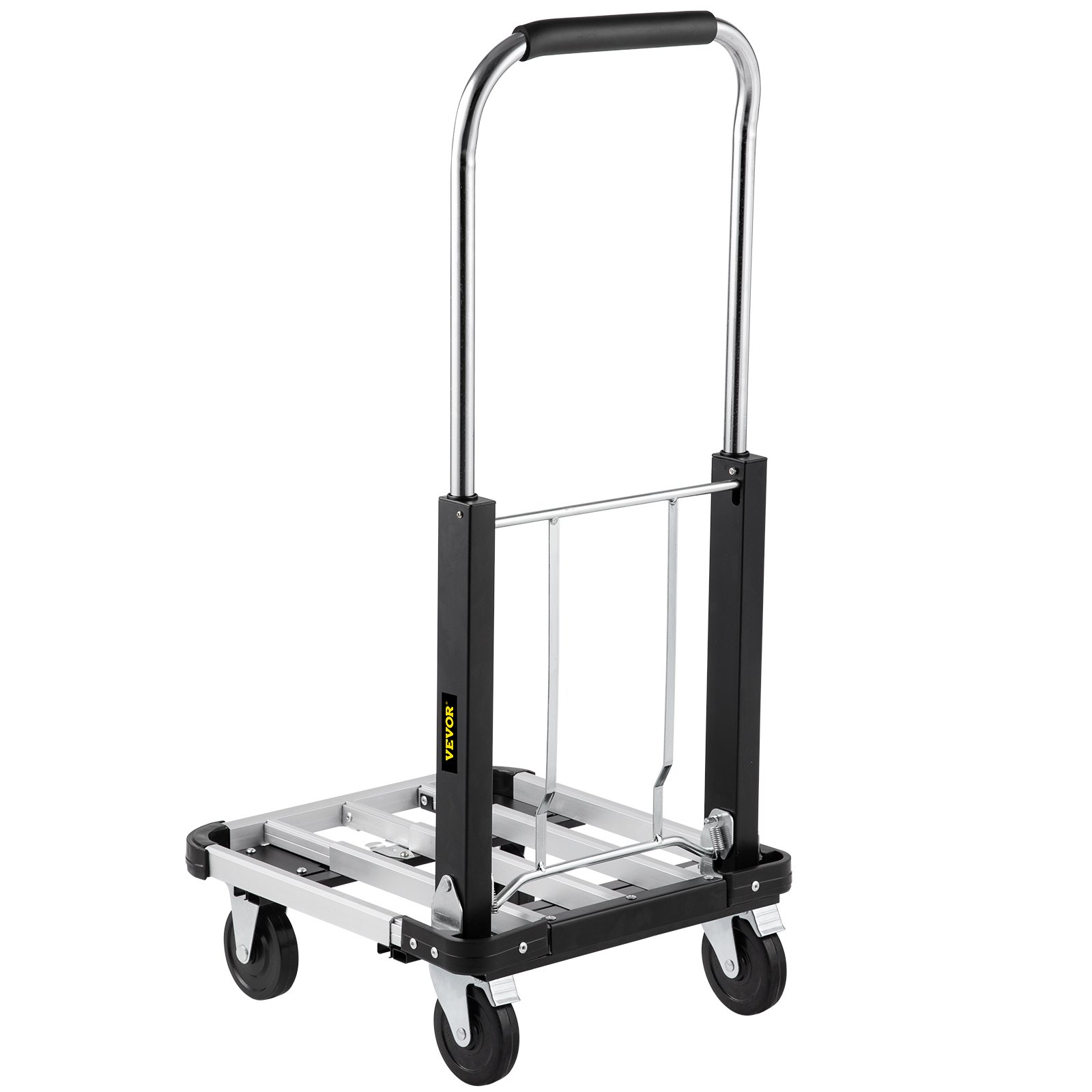 Camión de plataforma plegable VEVOR con asa resistente, plataforma negra y ruedas giratorias para una fácil movilidad.