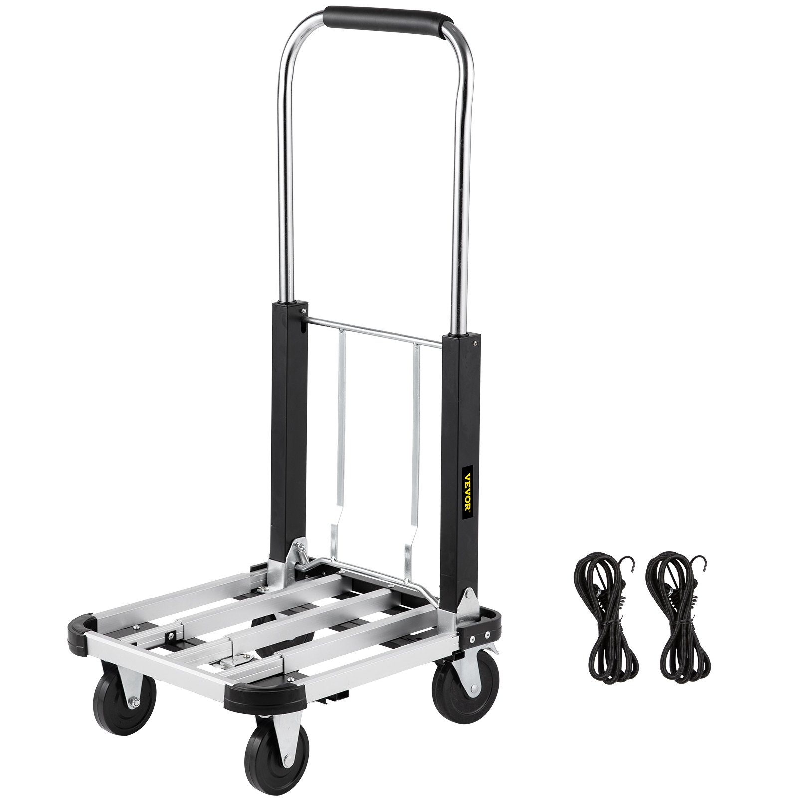 Camión de plataforma plegable VEVOR con asa negra, cuatro ruedas giratorias y dos cuerdas elásticas incluidas.