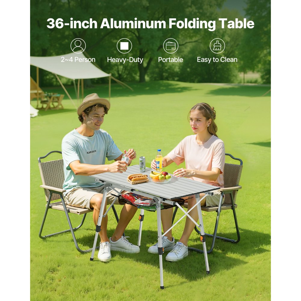 VEVOR Mesa de Camping Plegable Portátil Enrollable, de Aluminio, con Altura Ajustable, Malla Superior y Bolsa de Transporte, Ideal para Barbacoas, Picnics y Viajes, 900 x 520 x 680 mm, Plata