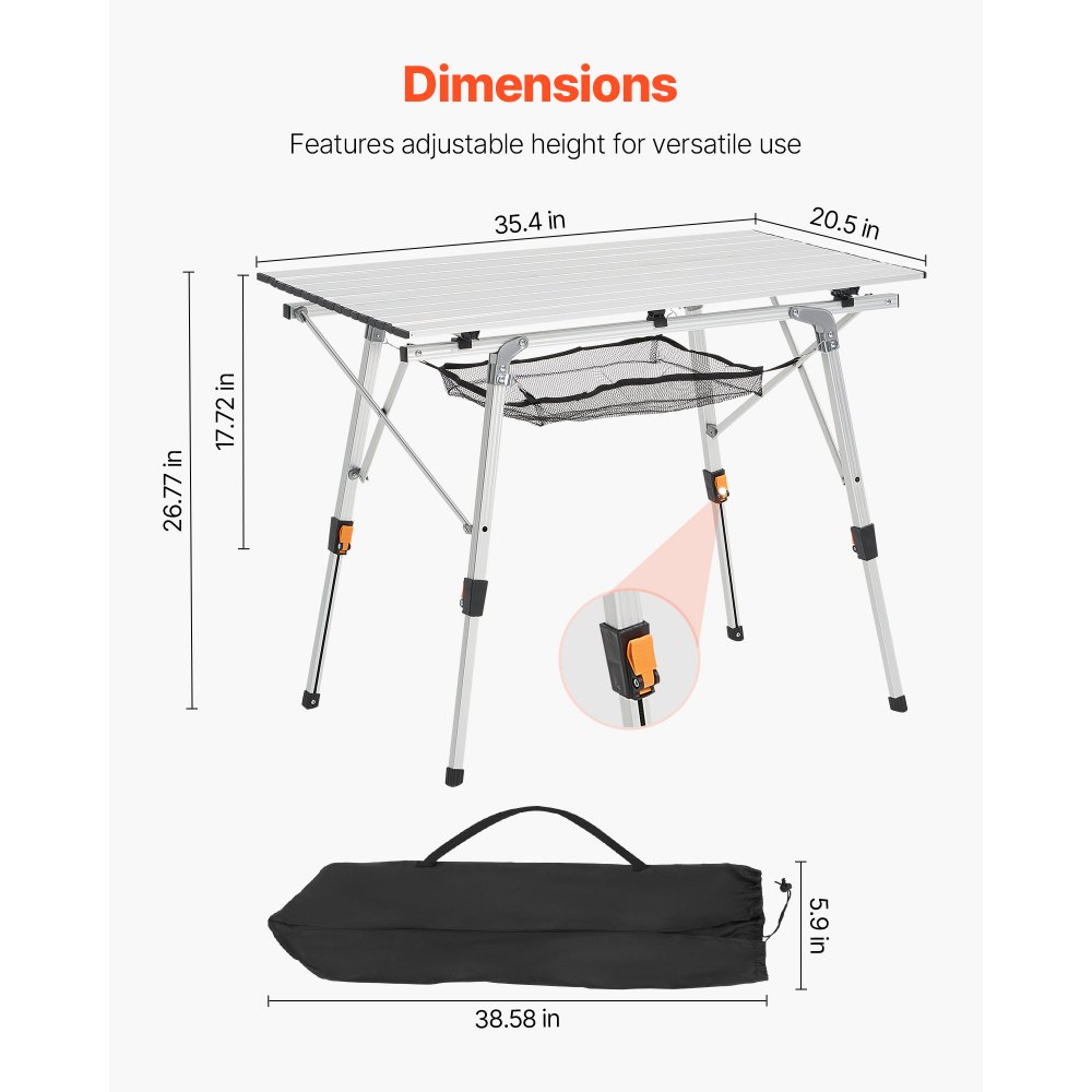 VEVOR Mesa de Camping Plegable Portátil Enrollable, de Aluminio, con Altura Ajustable, Malla Superior y Bolsa de Transporte, Ideal para Barbacoas, Picnics y Viajes, 900 x 520 x 680 mm, Plata