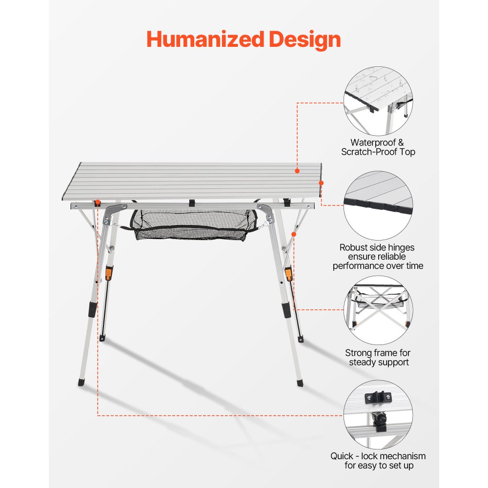 VEVOR Mesa de Camping Plegable Portátil Enrollable, de Aluminio, con Altura Ajustable, Malla Superior y Bolsa de Transporte, Ideal para Barbacoas, Picnics y Viajes, 900 x 520 x 680 mm, Plata