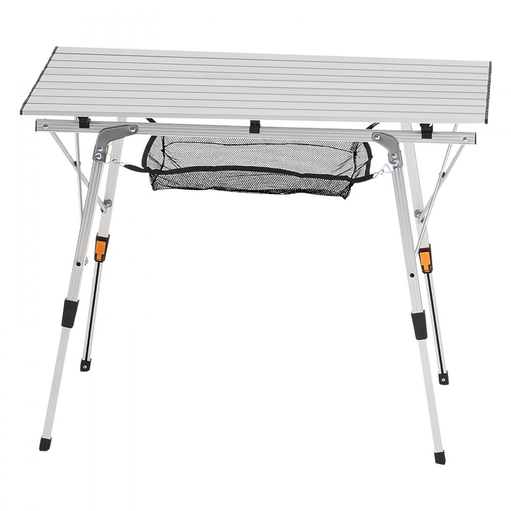 VEVOR Mesa de Camping Plegable Portátil Enrollable, de Aluminio, con Altura Ajustable, Malla Superior y Bolsa de Transporte, Ideal para Barbacoas, Picnics y Viajes, 900 x 520 x 680 mm, Plata