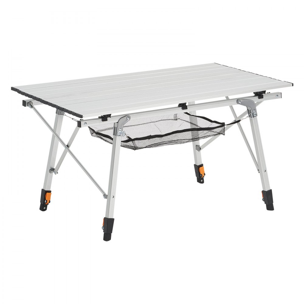 VEVOR Mesa de Camping Plegable Portátil Enrollable, de Aluminio, con Altura Ajustable, Malla Superior y Bolsa de Transporte, Ideal para Barbacoas, Picnics y Viajes, 900 x 520 x 680 mm, Plata