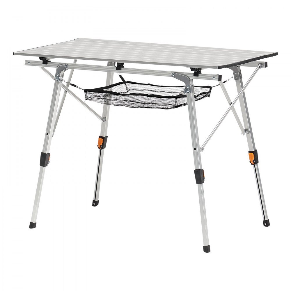 VEVOR Mesa de Camping Plegable Portátil Enrollable, de Aluminio, con Altura Ajustable, Malla Superior y Bolsa de Transporte, Ideal para Barbacoas, Picnics y Viajes, 900 x 520 x 680 mm, Plata