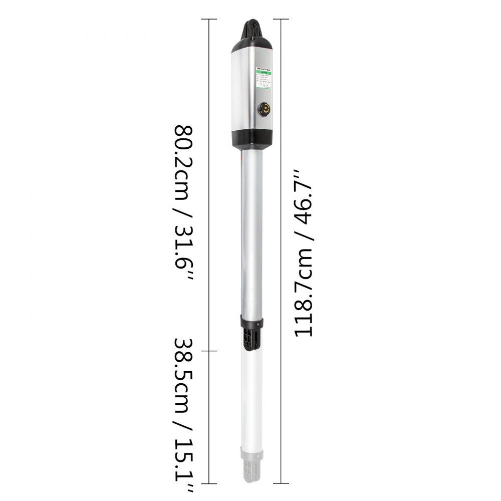 Medidas del abridor de portón eléctrico VEVOR: 80,2 cm, 118,7 cm, 38,5 cm.
