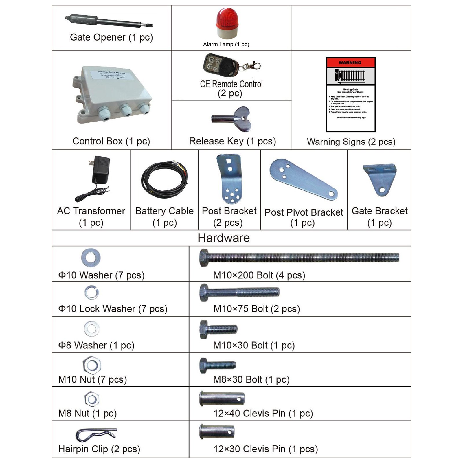 Kit de abridor de portón eléctrico VEVOR con caja de control, control remoto, lámpara de alarma, pernos y arandelas.