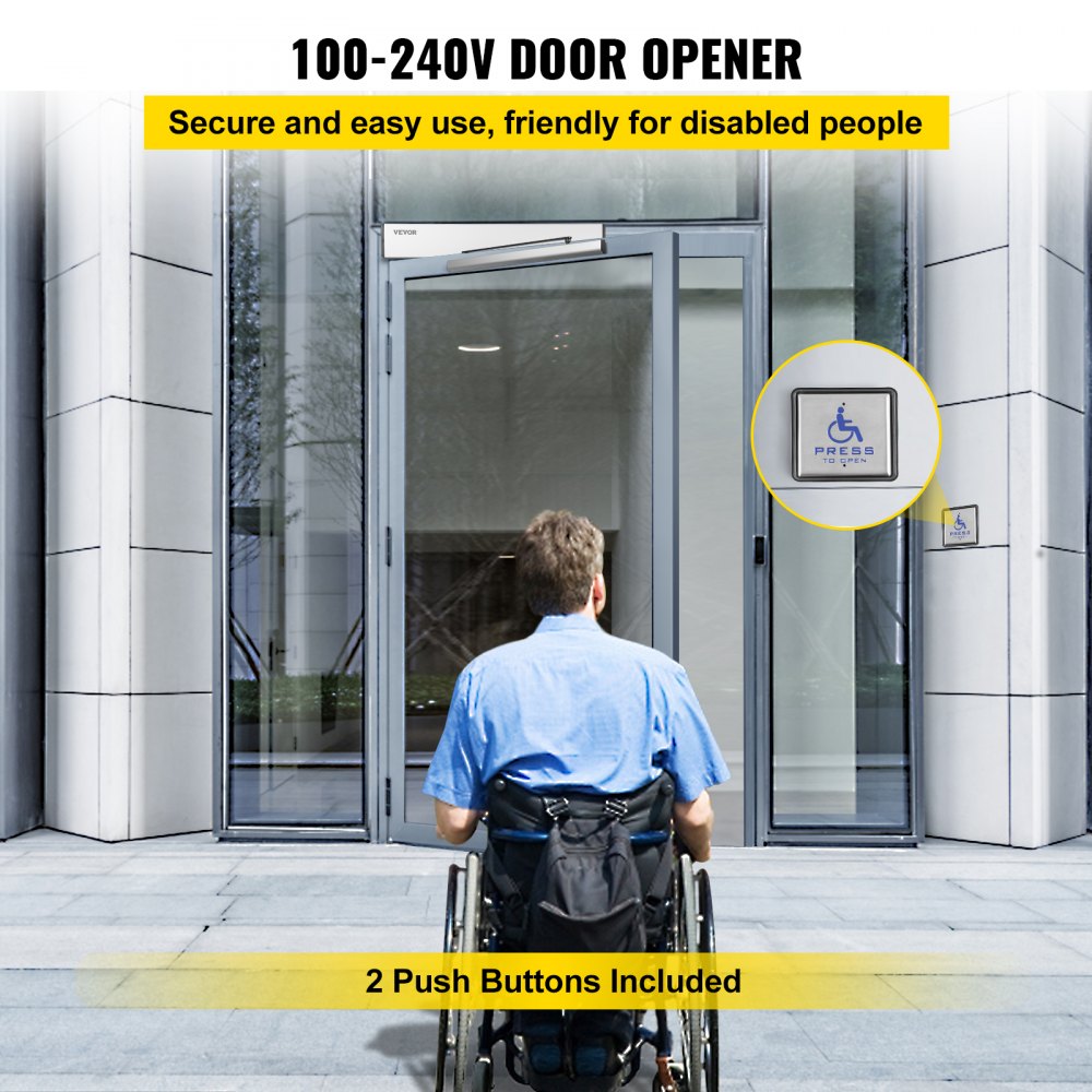 Abrepuertas automático VEVOR, 100-240 V, para puertas de hasta 100 kg, operador de puerta batiente para personas con discapacidad, con 2 controles remotos inalámbricos, teclado, 2 botones de salida, 5 tarjetas de identificación, 2 pulsadores de acero inoxidable, homologado CE.