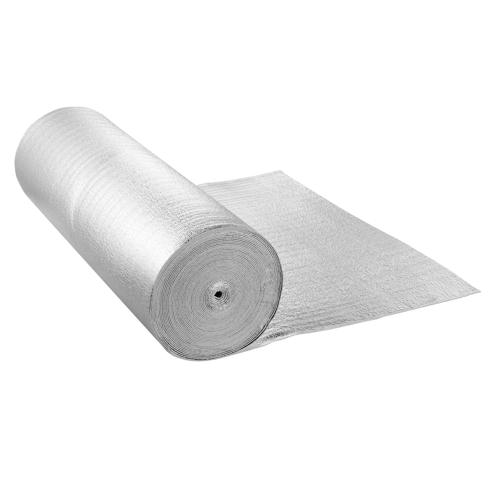 Rollo de aislamiento reflectante doble VEVOR, barrera radiante con núcleo de espuma, 3,2 mm, 122 cm x 30,5 m, lámina de aluminio de doble cara, espuma EPE, escudo reflectante de calor, rollo de aislamiento térmico para ventanas y techos de vehículos recreativos.