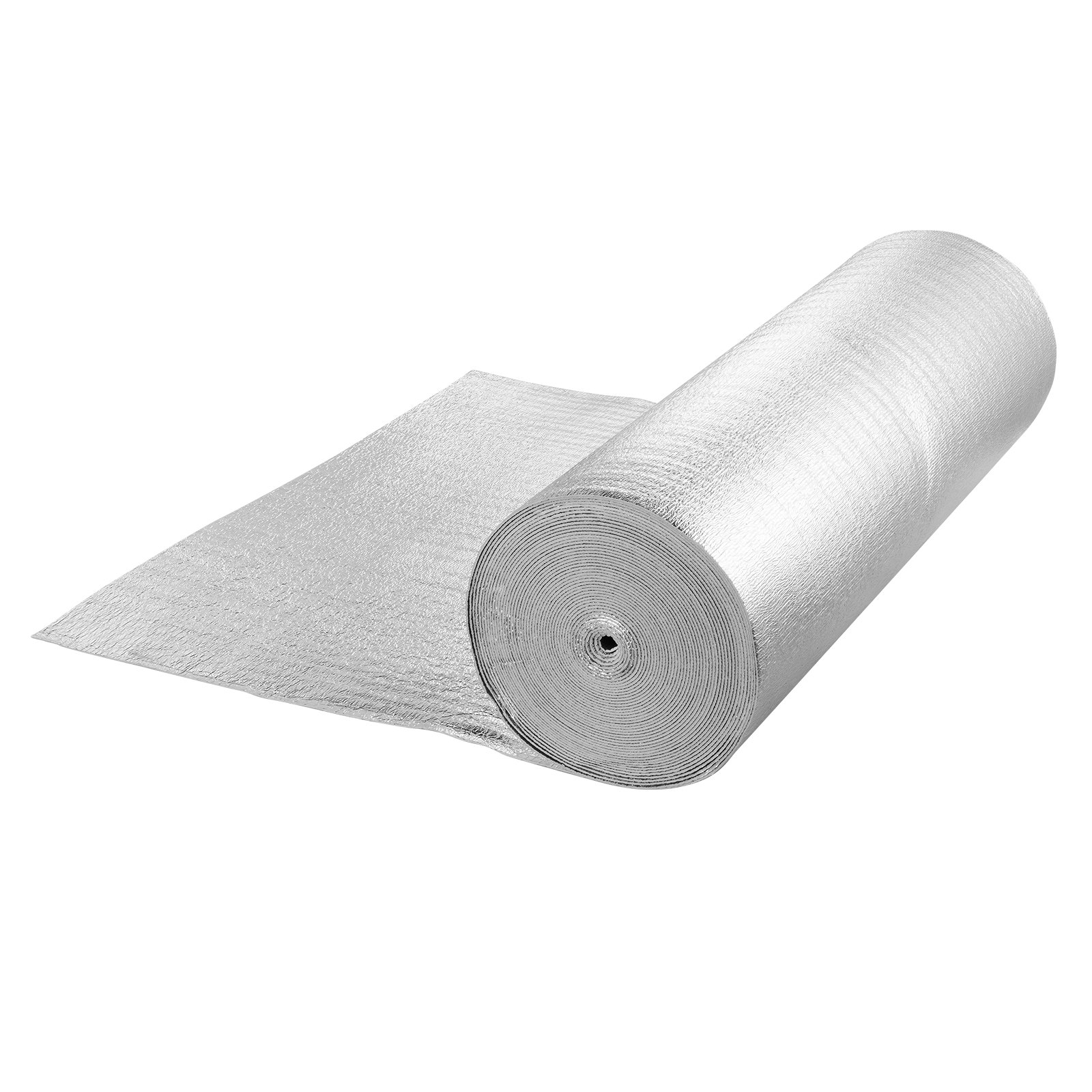 Rollo de aislamiento reflectante doble VEVOR, barrera radiante con núcleo de espuma, 3,2 mm, 122 cm x 30,5 m, lámina de aluminio de doble cara, espuma EPE, escudo reflectante de calor, rollo de aislamiento térmico para ventanas y techos de vehículos recreativos.