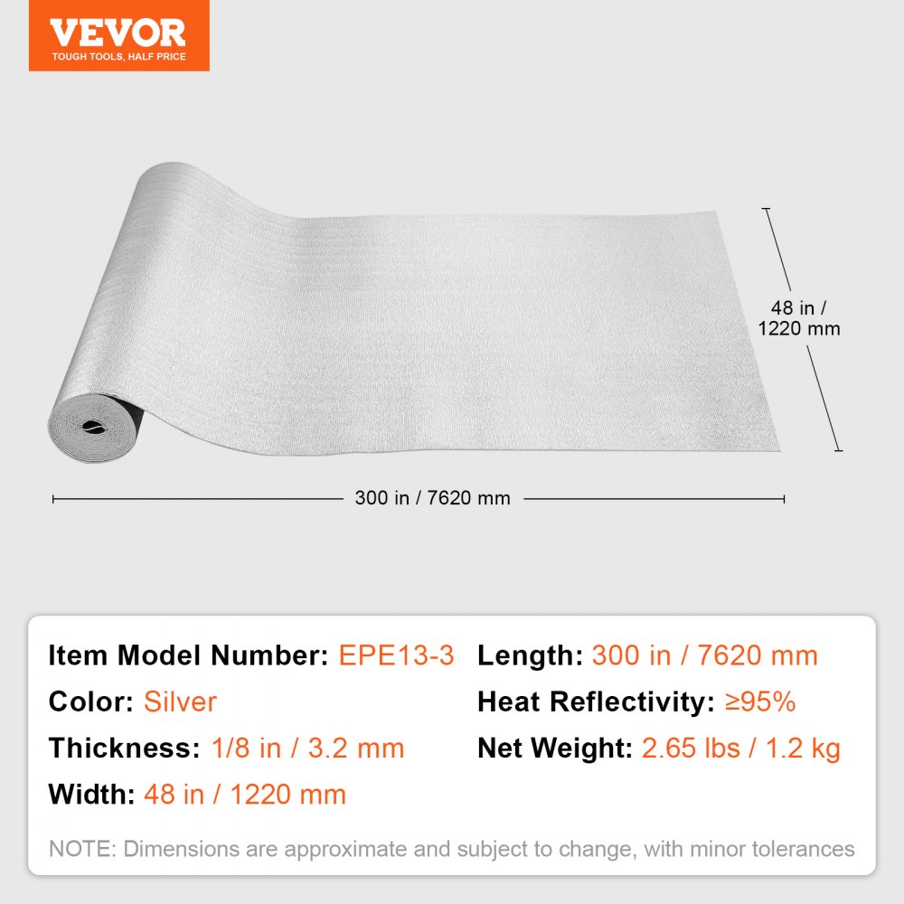 VEVOR Rollo de aislamiento reflectante doble, barrera radiante con núcleo de espuma, 3,2 mm (48 pulgadas x 25 pies), lámina de aluminio de doble cara, espuma EPE, escudo reflectante de calor, rollo de aislamiento térmico para ventanas y techos de vehículos recreativos.