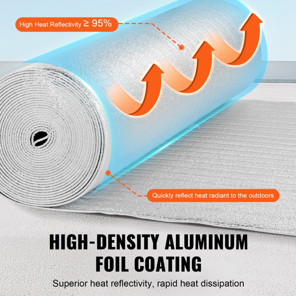 Rollo de aislamiento reflectante doble VEVOR, barrera radiante con núcleo de espuma, 3,2 mm, 122 cm x 15,2 m, lámina de aluminio de doble cara, espuma EPE, escudo reflectante del calor, rollo de aislamiento térmico para ventanas y techos de vehículos recreativos.