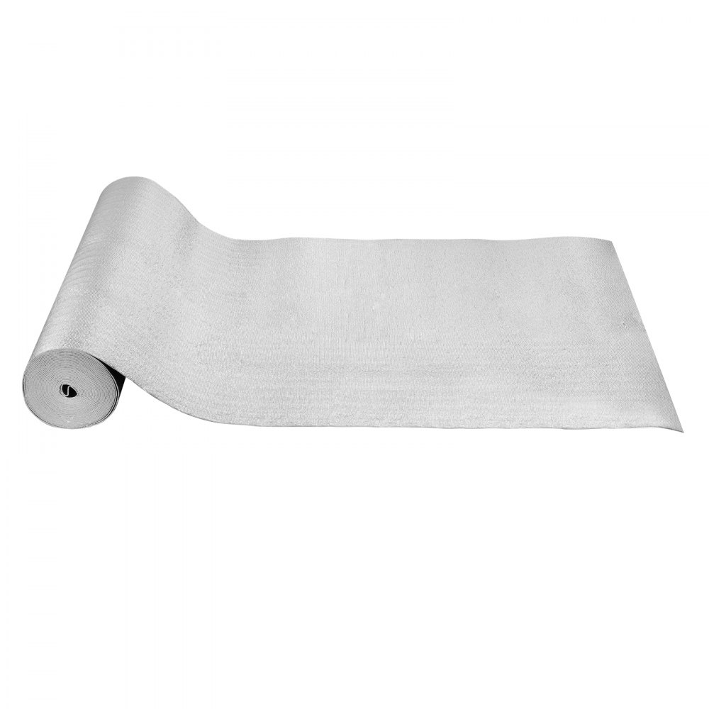 Rollo de aislamiento reflectante doble VEVOR, barrera radiante con núcleo de espuma, 3,2 mm, 122 cm x 15,2 m, lámina de aluminio de doble cara, espuma EPE, escudo reflectante del calor, rollo de aislamiento térmico para ventanas y techos de vehículos recreativos.