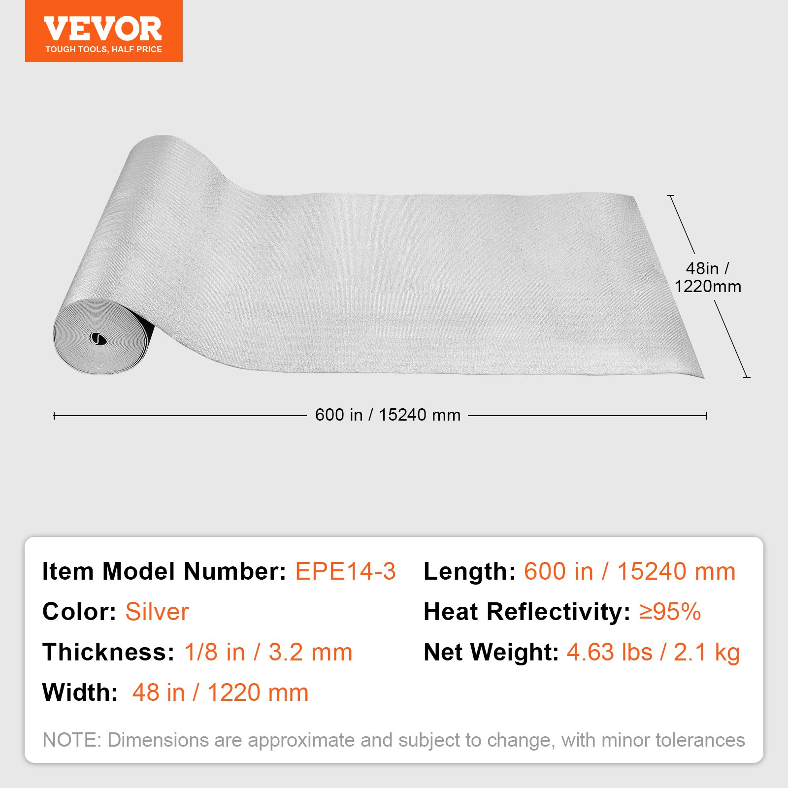 Rollo de aislamiento reflectante doble VEVOR, barrera radiante con núcleo de espuma, 3,2 mm, 122 cm x 15,2 m, lámina de aluminio de doble cara, espuma EPE, escudo reflectante del calor, rollo de aislamiento térmico para ventanas y techos de vehículos recreativos.