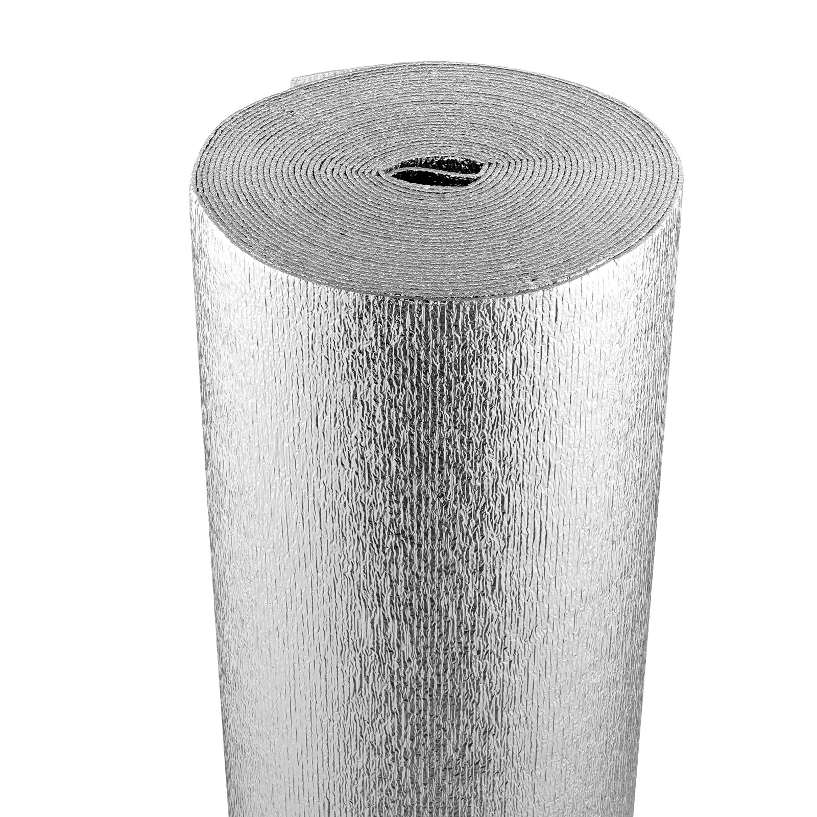 Rollo de aislamiento reflectante doble VEVOR, barrera radiante con núcleo de espuma, 3,2 mm, 122 cm x 15,2 m, lámina de aluminio de doble cara, espuma EPE, escudo reflectante del calor, rollo de aislamiento térmico para ventanas y techos de vehículos recreativos.