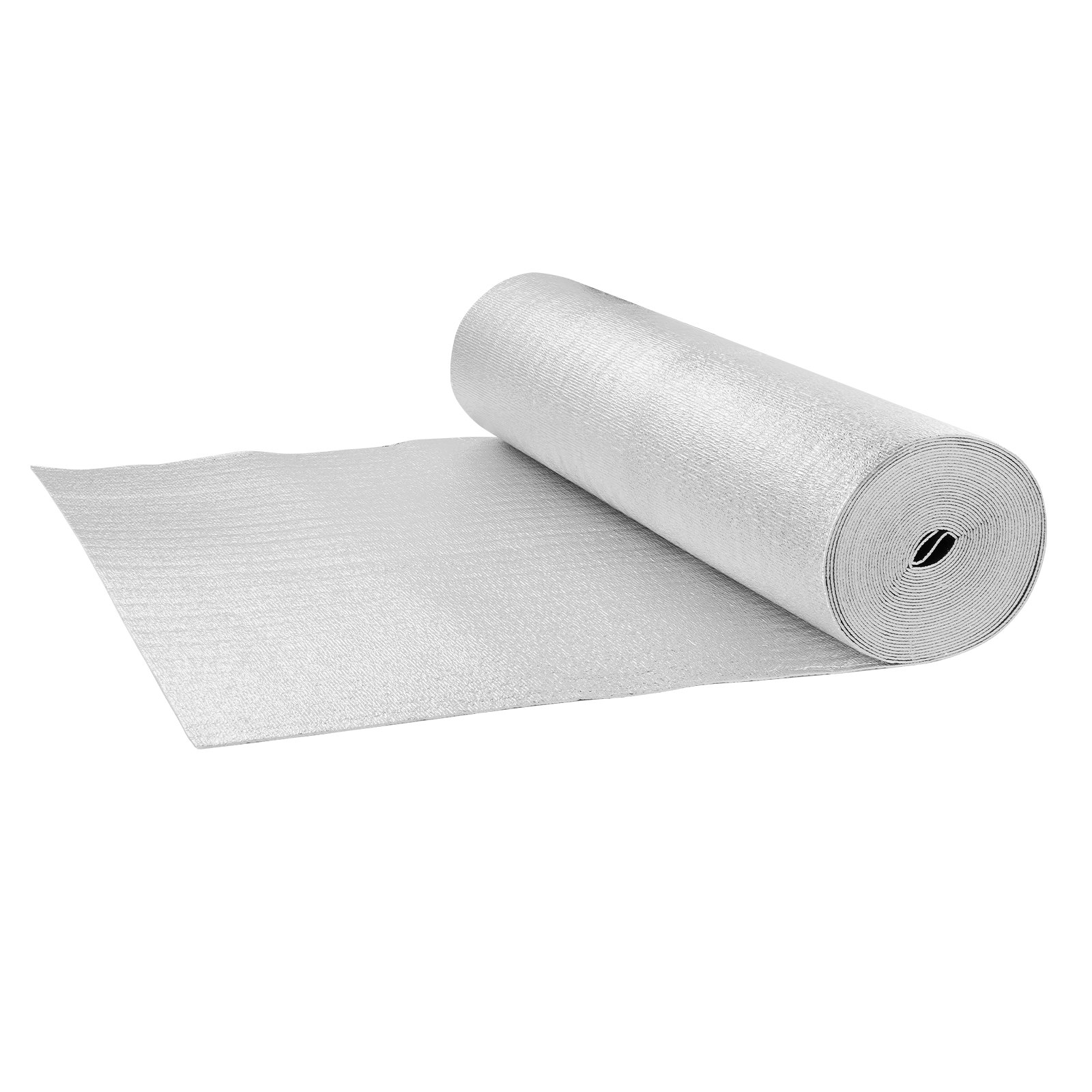 Rollo de aislamiento reflectante doble VEVOR, barrera radiante con núcleo de espuma, 3,2 mm, 122 cm x 15,2 m, lámina de aluminio de doble cara, espuma EPE, escudo reflectante del calor, rollo de aislamiento térmico para ventanas y techos de vehículos recreativos.