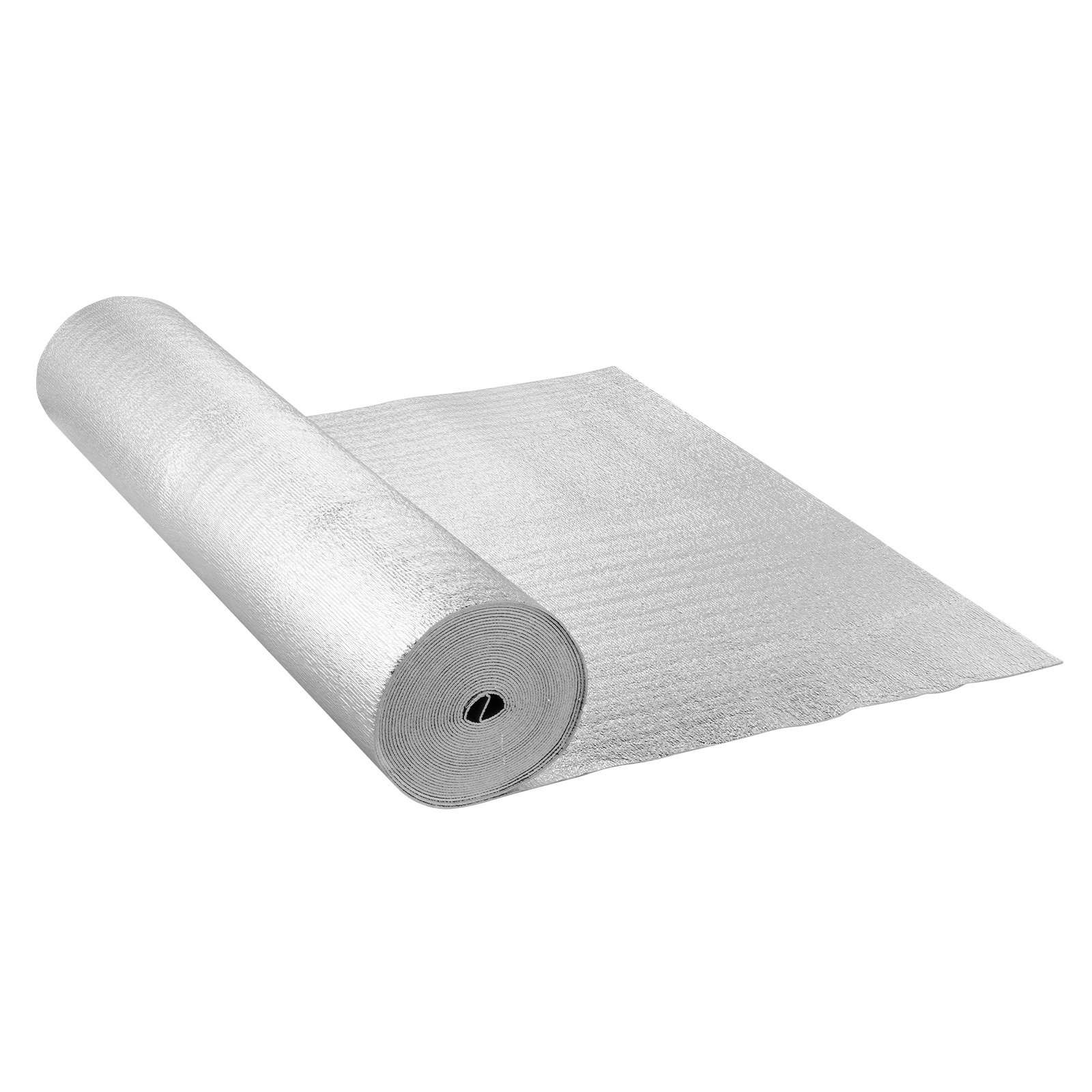 Rollo de aislamiento reflectante doble VEVOR, barrera radiante con núcleo de espuma, 3,2 mm, 122 cm x 15,2 m, lámina de aluminio de doble cara, espuma EPE, escudo reflectante del calor, rollo de aislamiento térmico para ventanas y techos de vehículos recreativos.