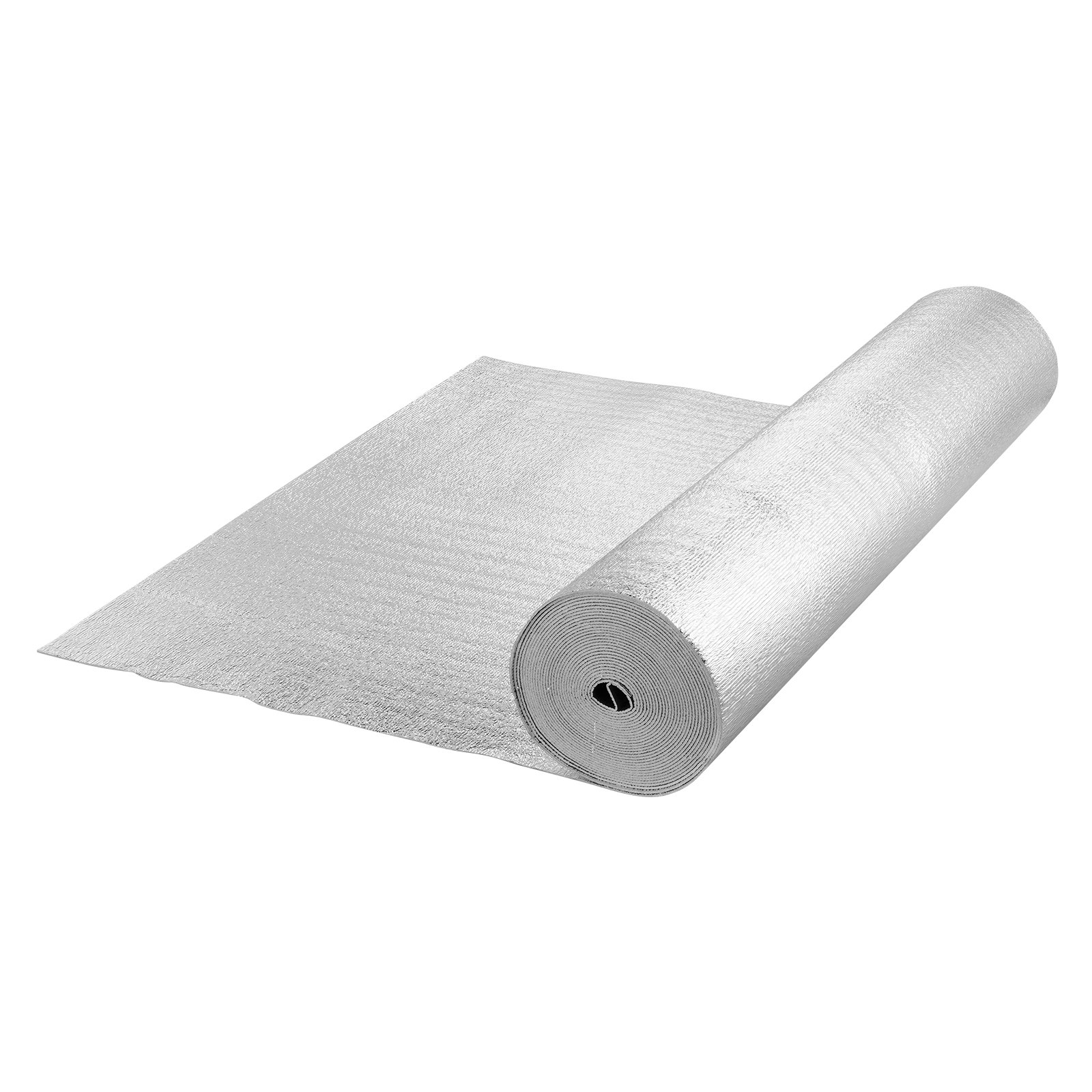 Rollo de aislamiento reflectante doble VEVOR, barrera radiante con núcleo de espuma, 3,2 mm, 122 cm x 15,2 m, lámina de aluminio de doble cara, espuma EPE, escudo reflectante del calor, rollo de aislamiento térmico para ventanas y techos de vehículos recreativos.