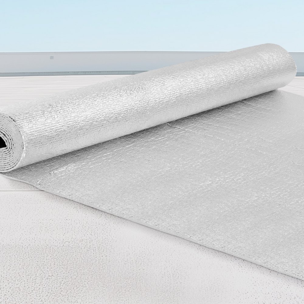 VEVOR - Rollo de aislamiento reflectante doble, barrera radiante con núcleo de espuma, 3,2 mm (122 cm x 3 m), lámina de aluminio de doble cara, espuma EPE, protector térmico reflectante, rollo de aislamiento térmico para ventanas y techos de vehículos recreativos.