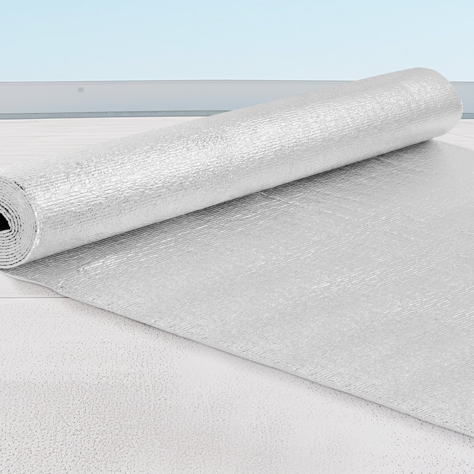 VEVOR - Rollo de aislamiento reflectante doble, barrera radiante con núcleo de espuma, 3,2 mm (122 cm x 3 m), lámina de aluminio de doble cara, espuma EPE, protector térmico reflectante, rollo de aislamiento térmico para ventanas y techos de vehículos recreativos.